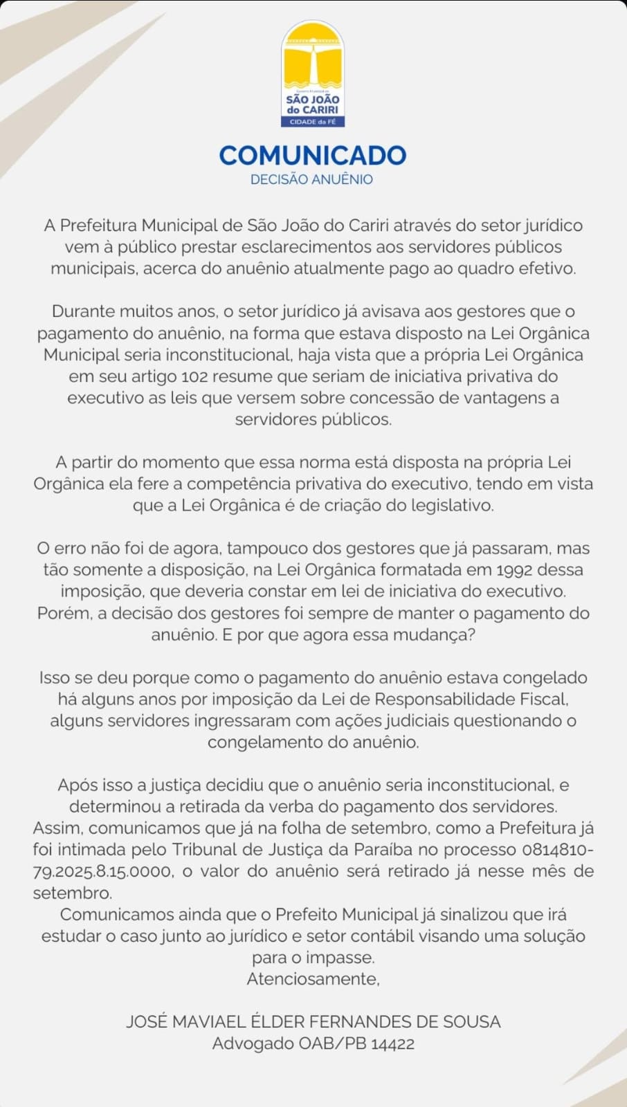 COMUNICADO: Mudanças no Pagamento do Anuênio dos Servidores Públicos