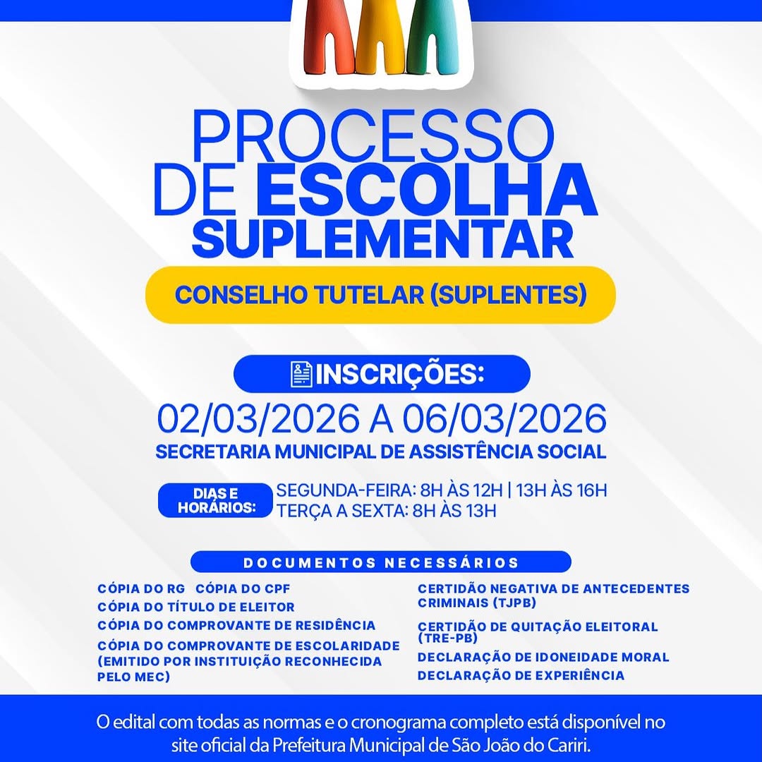 São João do Cariri: Inscrições para Conselho Tutelar Suplementar até 06/03